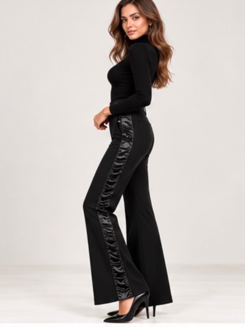 Jimpany Black Stretch Flare Pants Size 42 Satin Trim Embellished
